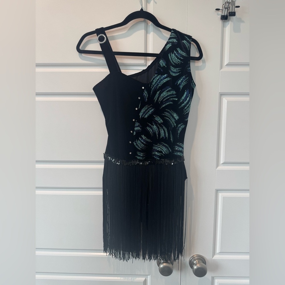Dansco Dance Costume Black Velvet Blue Sparkle Tassel Skirt Womens Small Medium
